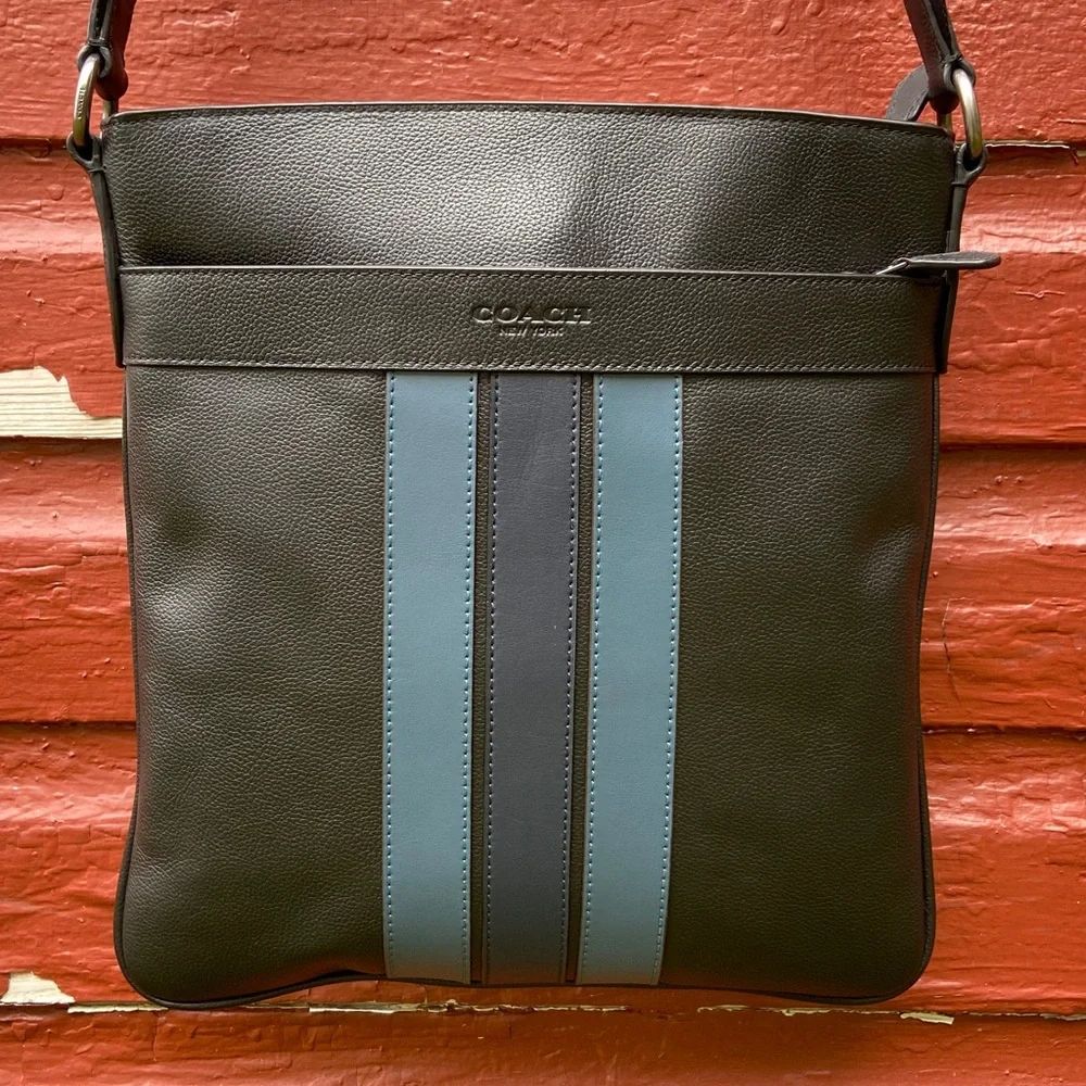 COACH Charles Crossbody Bag Varsity Black Leather Denim & Midnight Navy Stripe